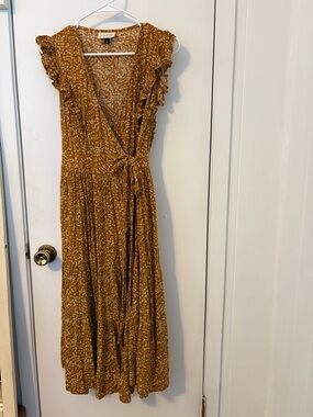 Universal Thread Mustard Floral Wrap Maxi Dress with Ruffle Sleeves